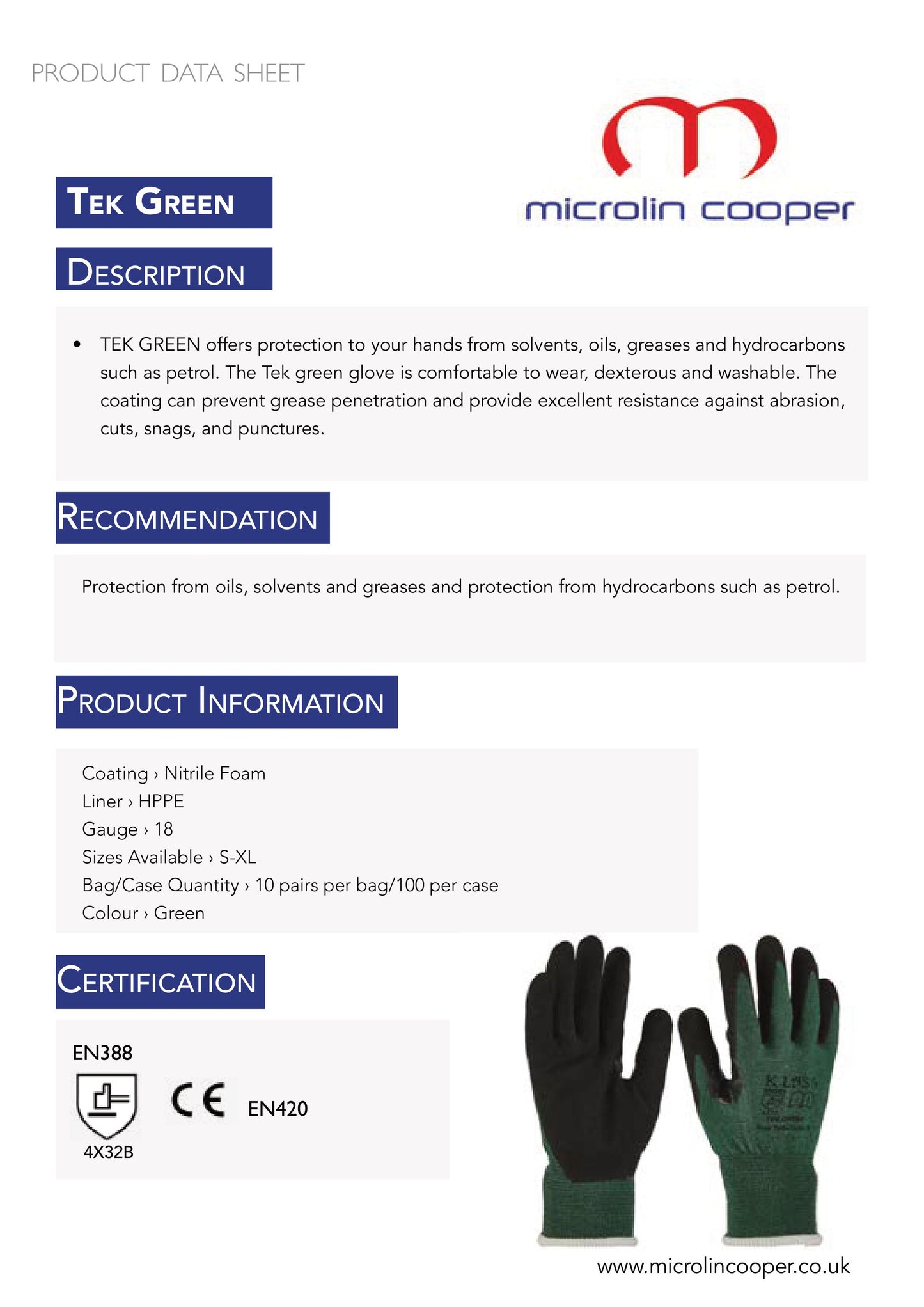 10 paires de Gants TEK GREEN