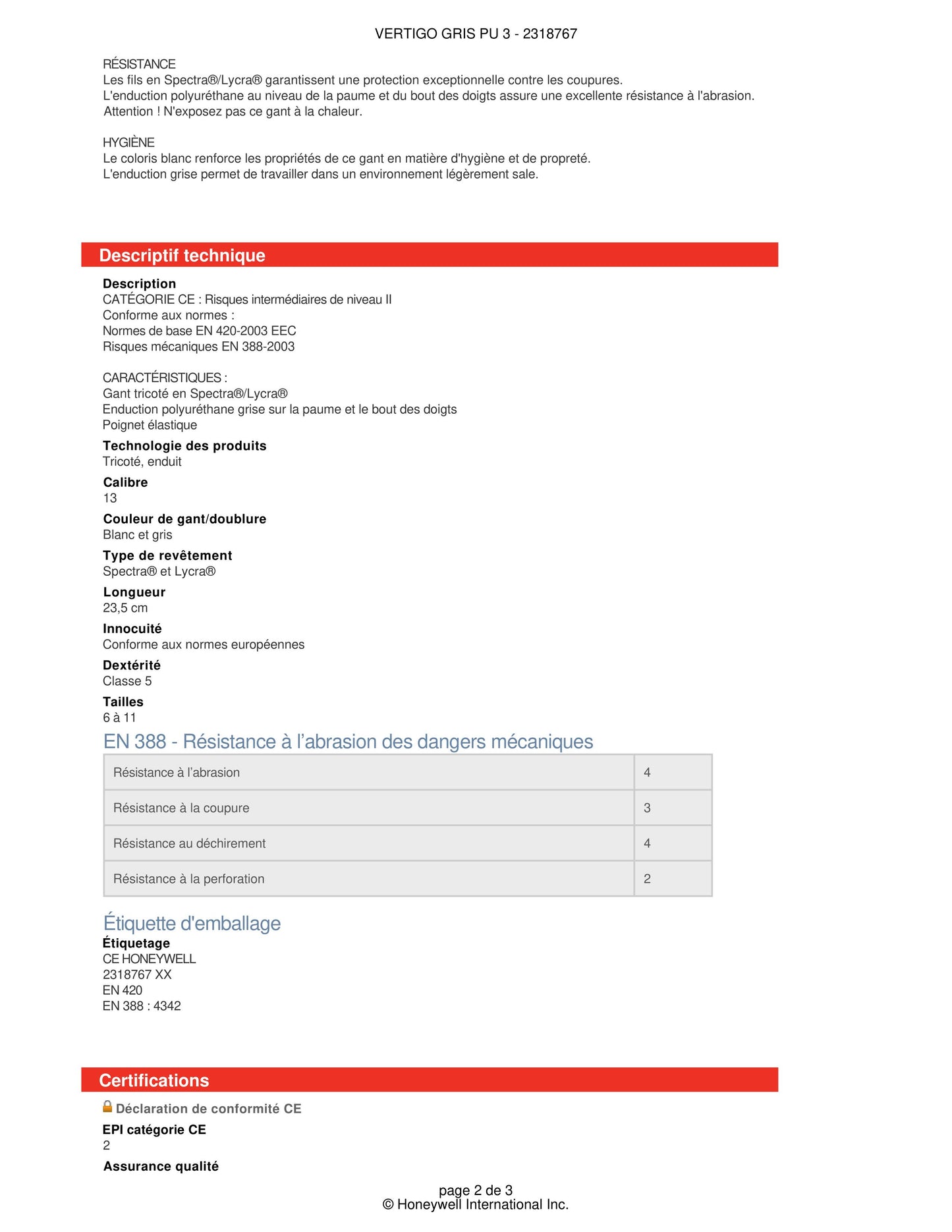 PAQUET DE 10 PAIRES DE GANTS HONEYWELL VERTIGO 2318767