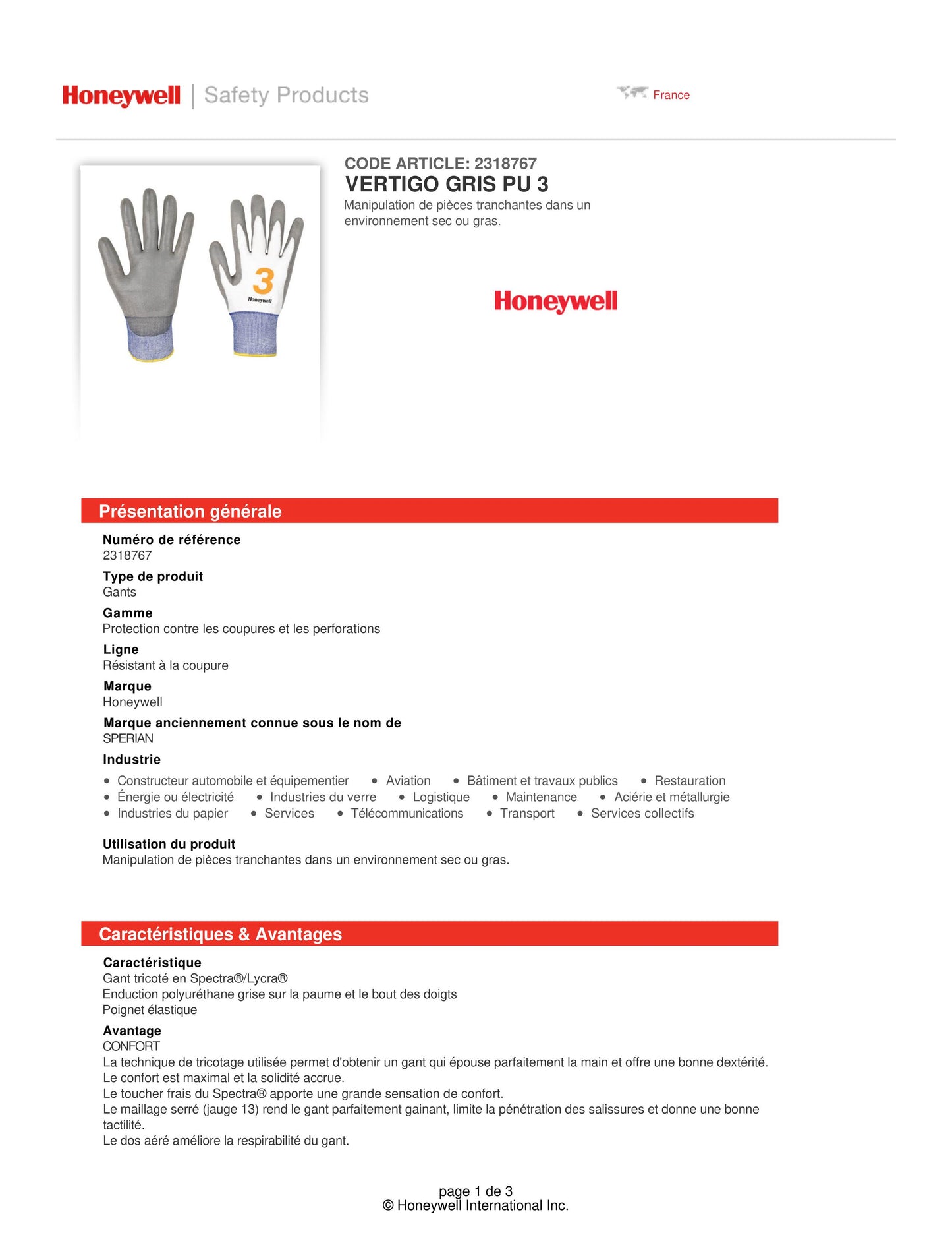 PAQUET DE 10 PAIRES DE GANTS HONEYWELL VERTIGO 2318767