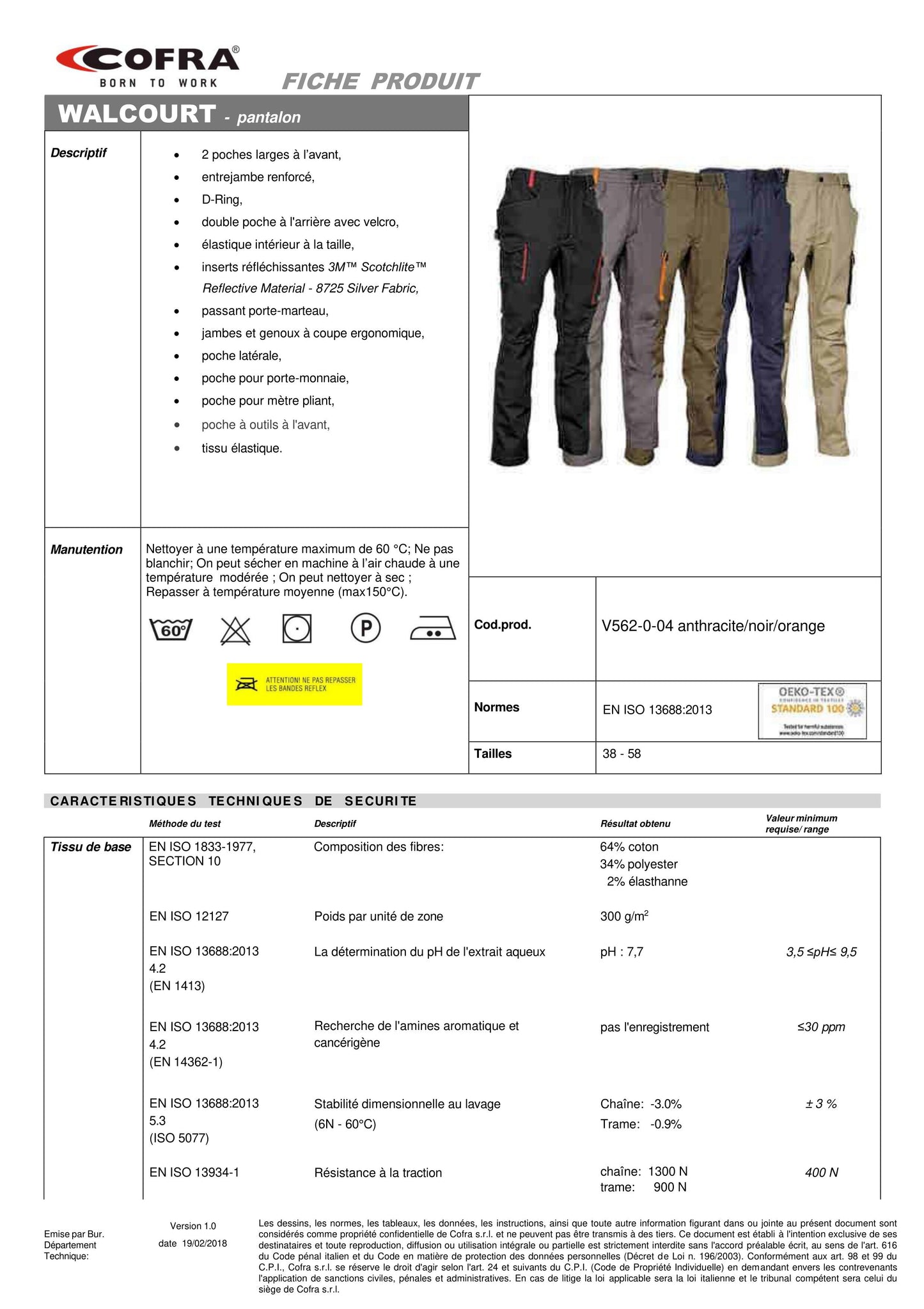 PANTALONS de travail COFRA WALCOURT 46 V562-0-04