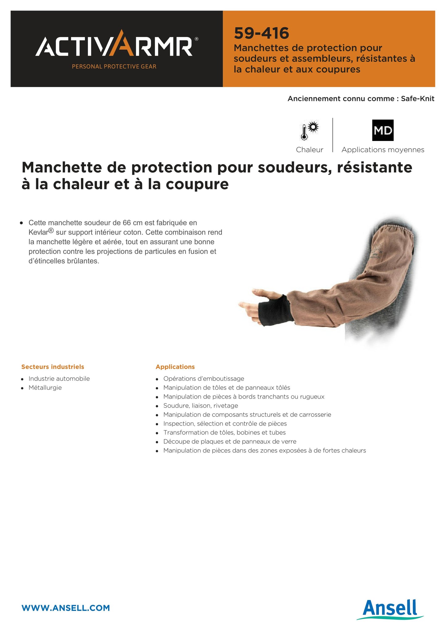 MANCHETTE ANTI CHALEUR:COUPURES ANSELL ACTIV ARM 59-416