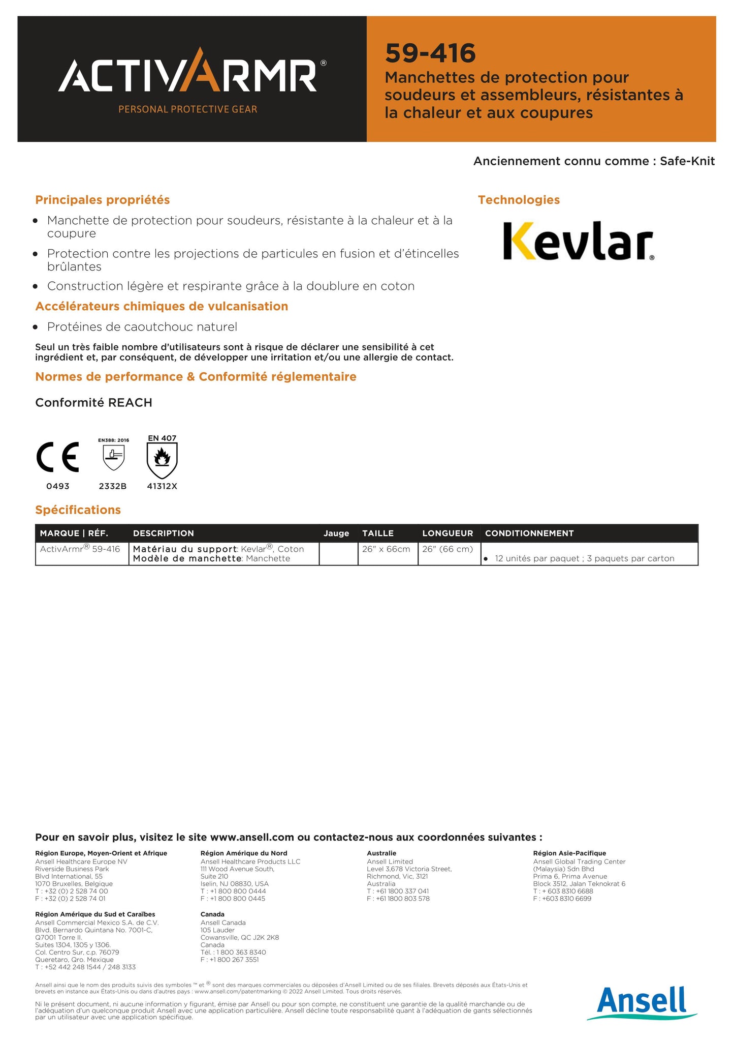 MANCHETTE ANTI CHALEUR:COUPURES ANSELL ACTIV ARM 59-416