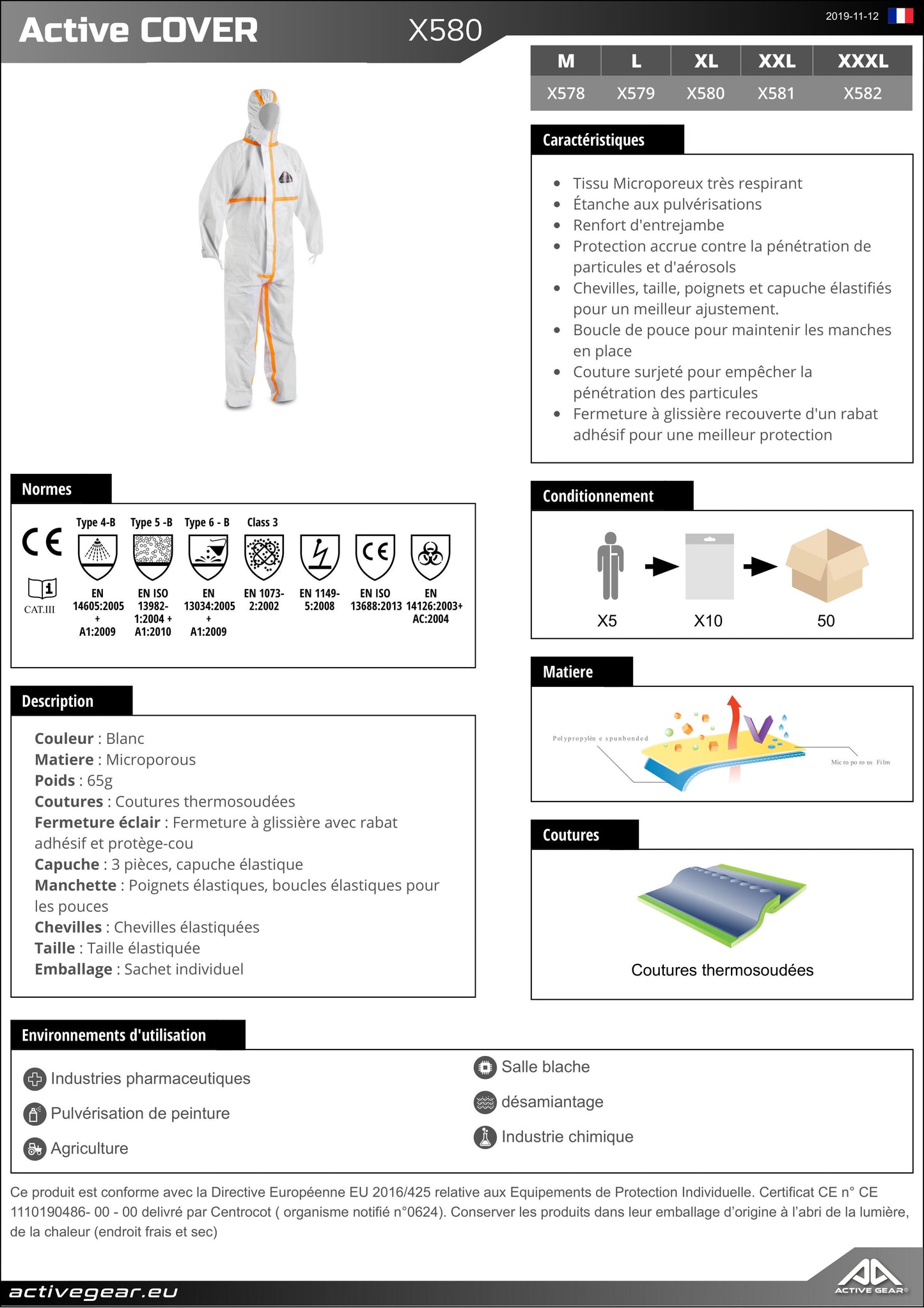Paquet de 5 combinaisons Chimie, cat 3 , type 4B 5B 6B taille XL
