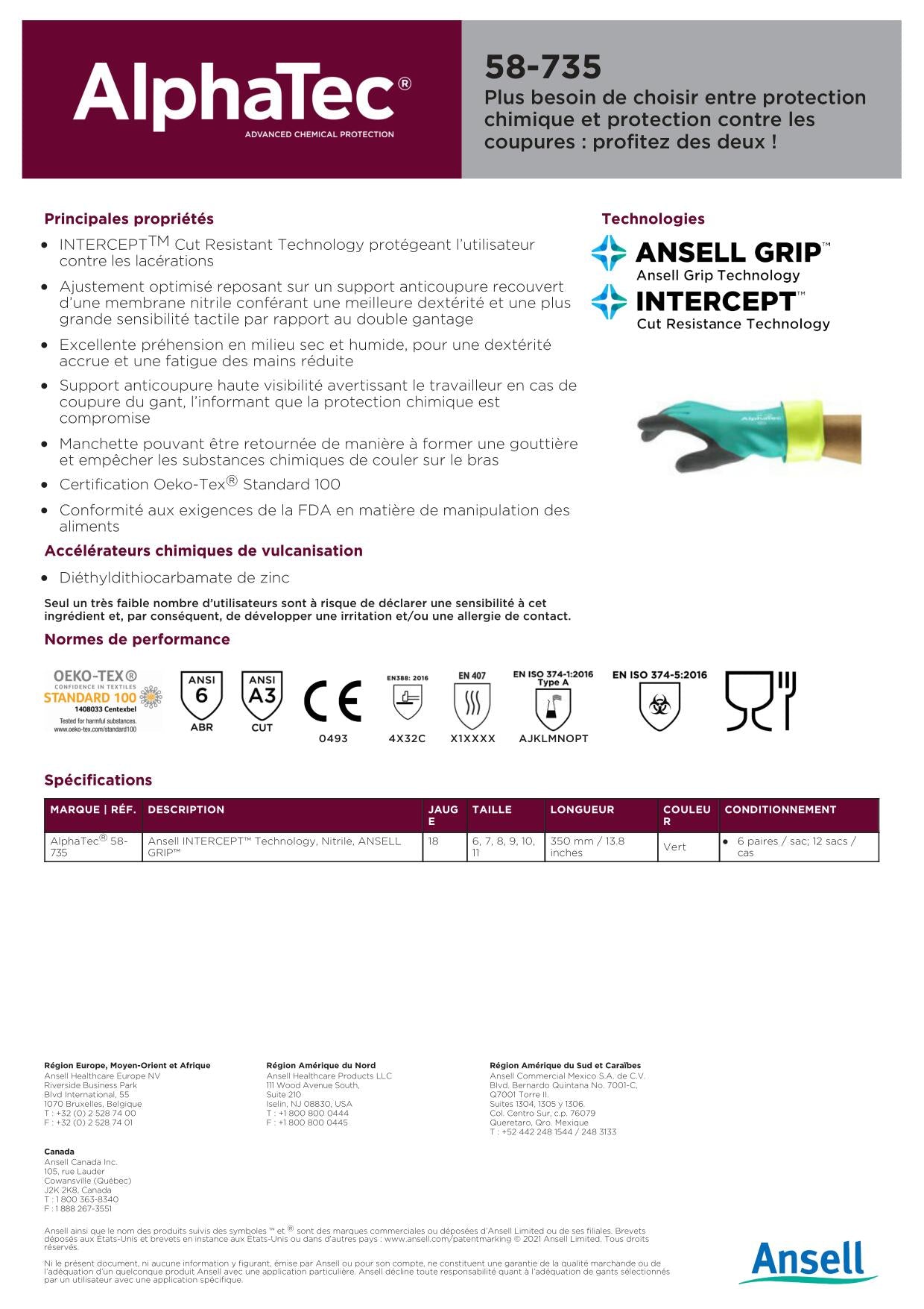 PAQUET DE 6 PAIRES DE GANTS ANSELL ALPHATEC 58735 T8