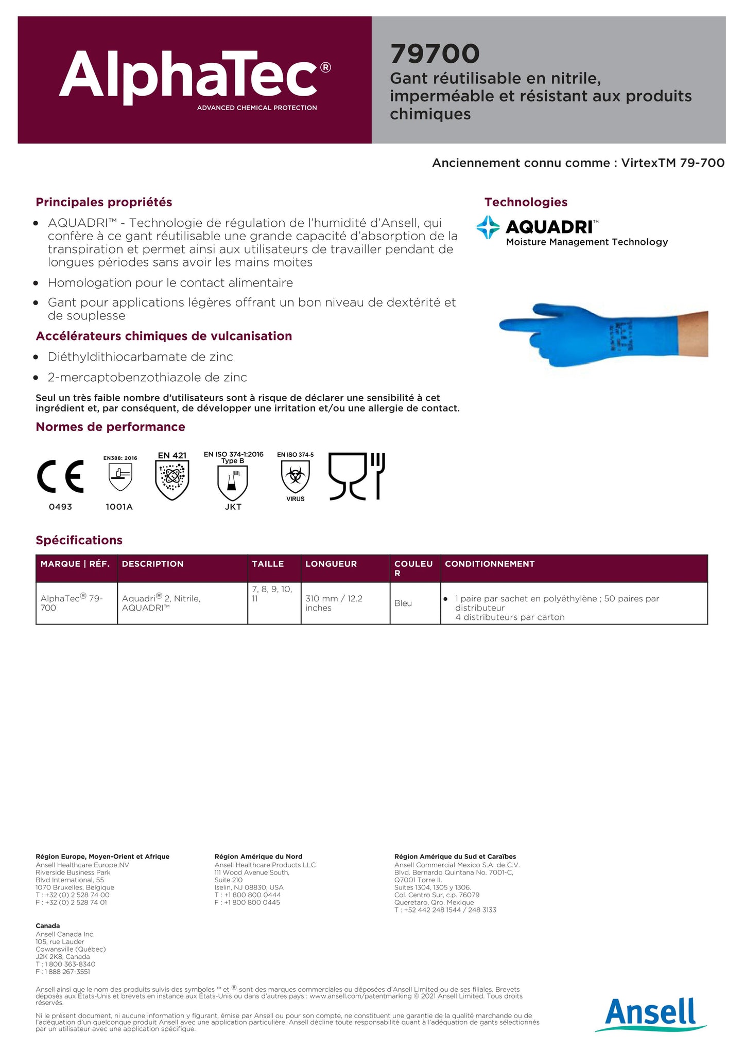 PAQUET DE 5 PAIRES DE GANTS CHIMIE ANSELL ALPHATEC 79-700 T9