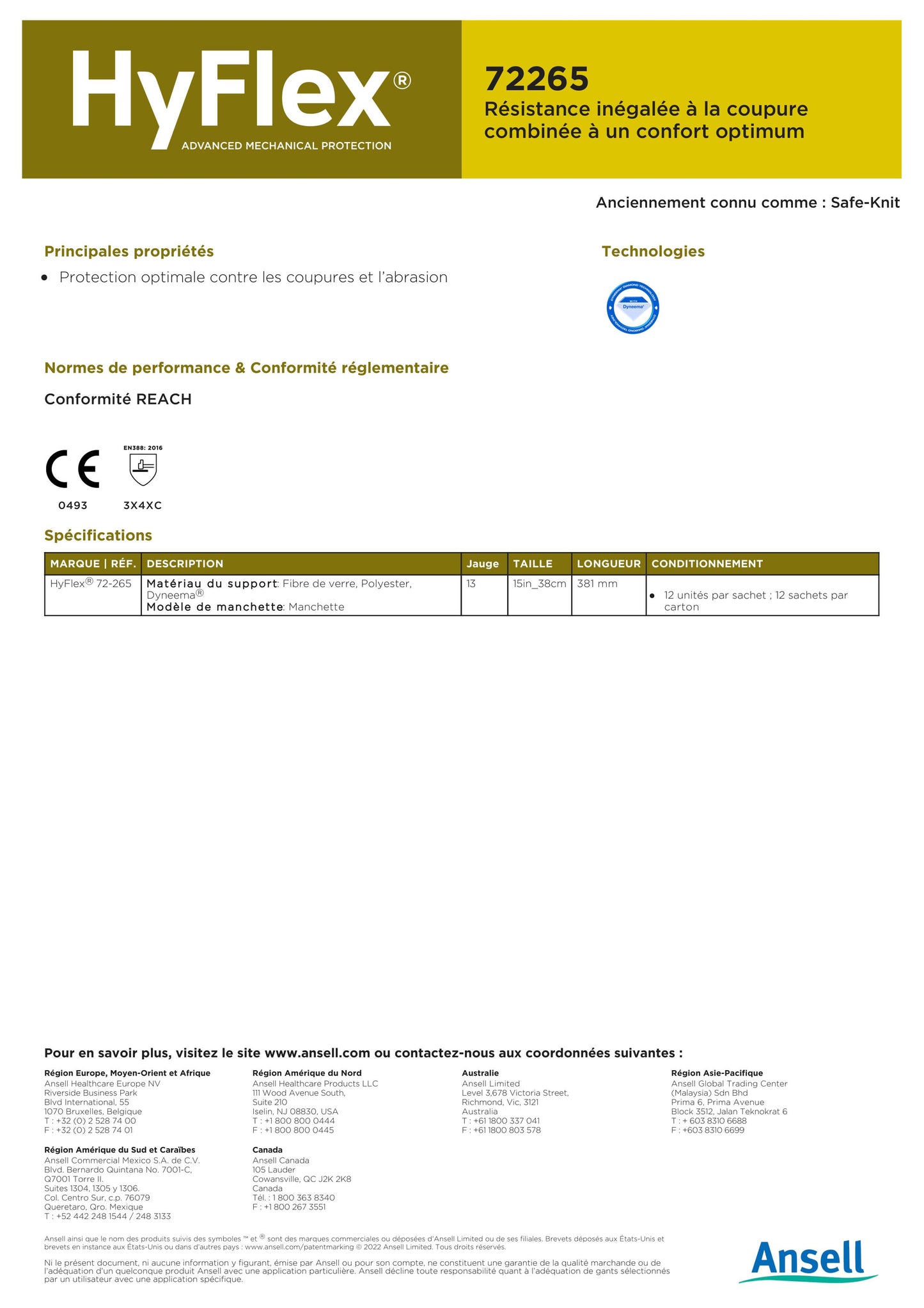 MANCHETTE ANTI COUPURES ANSELL HYFLEX 72265