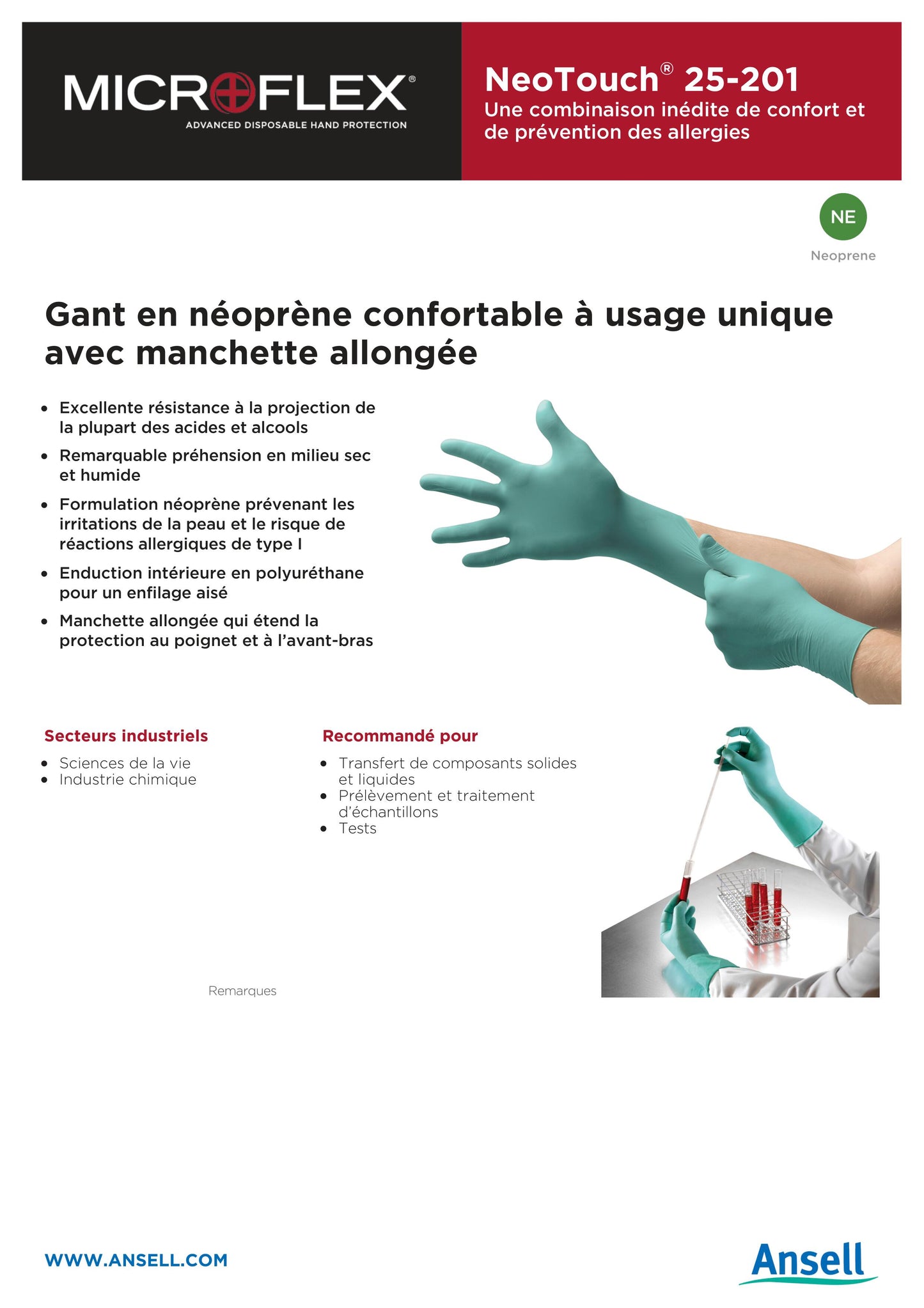 BOITE DE 100 GANTS NEOPRENE ANSELL NEOTOUCH 25-201 7.5/8 ( M ) LG 290mm