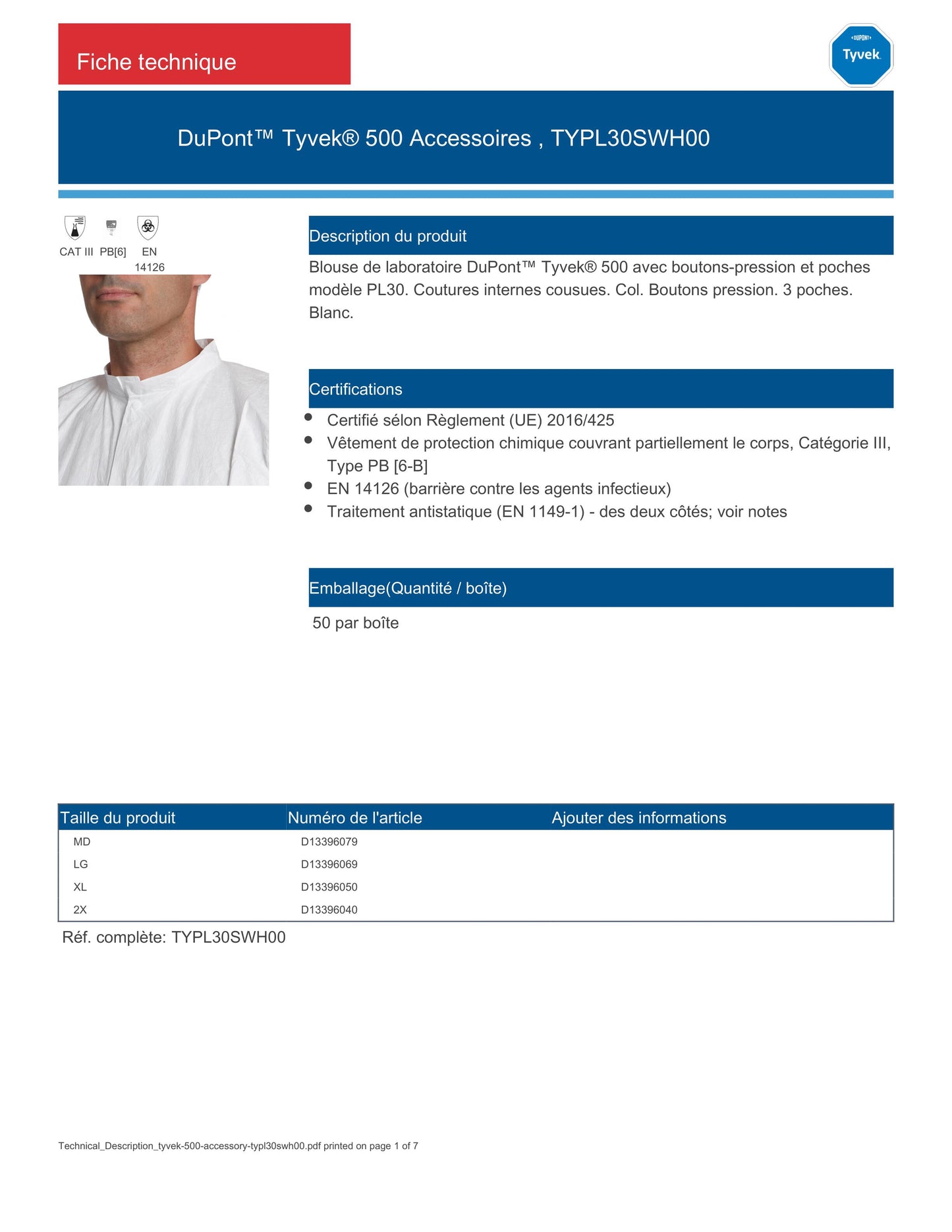 PAQUET DE 10 BLOUSES TYVEK 3 poches PL30SWH00 TAILLE L