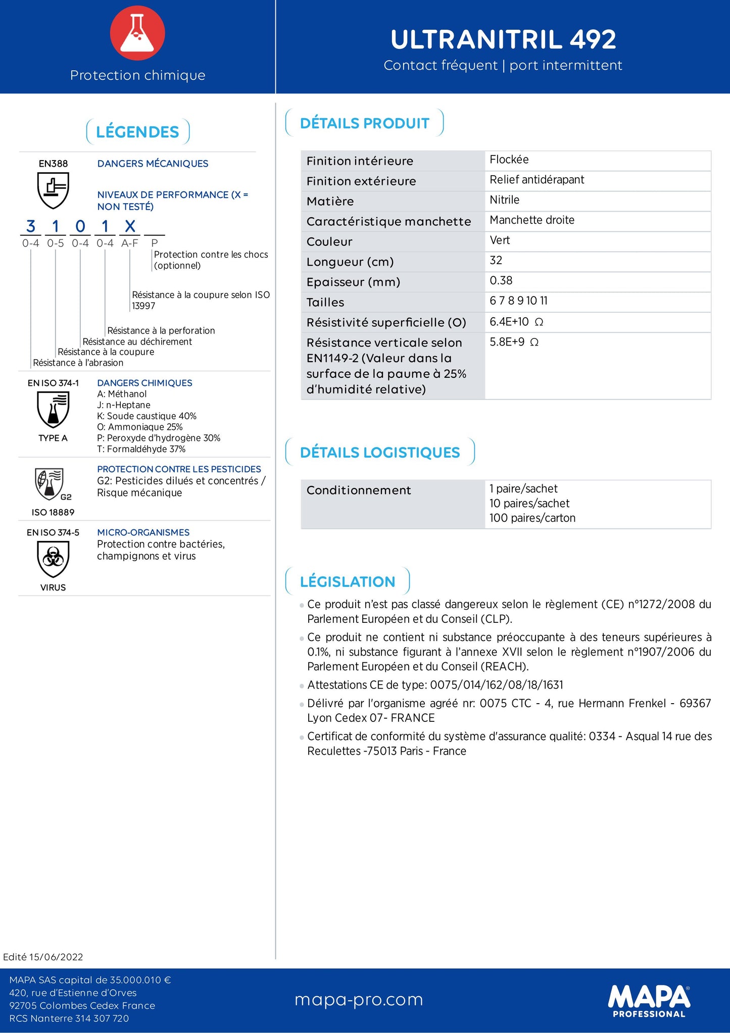 PAQUET DE 10 PAIRES DE GANTS MAPA ULTRANITRIL 492