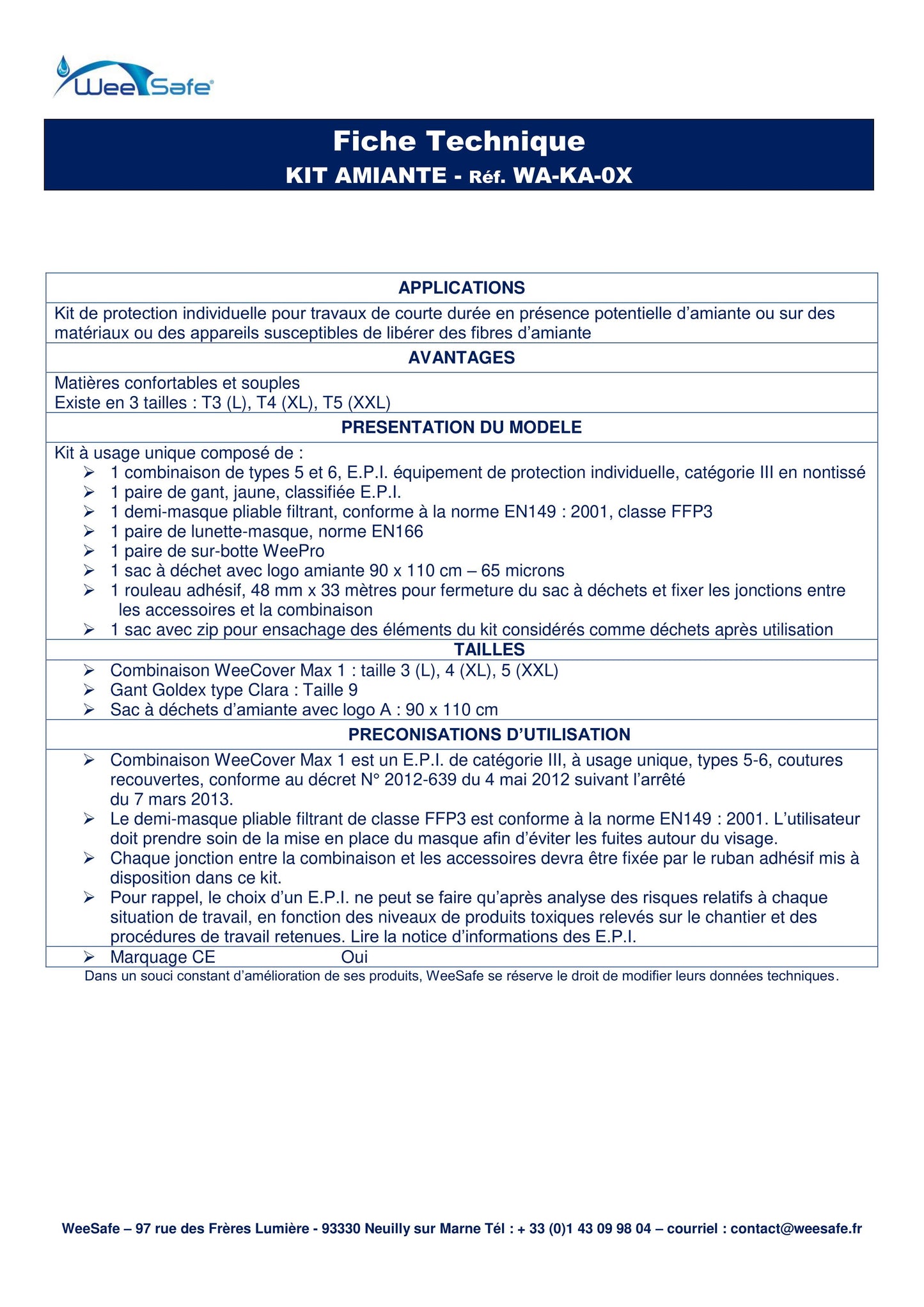 KIT AMIANTE WEESAFE   Taille XL WA-KA-0X